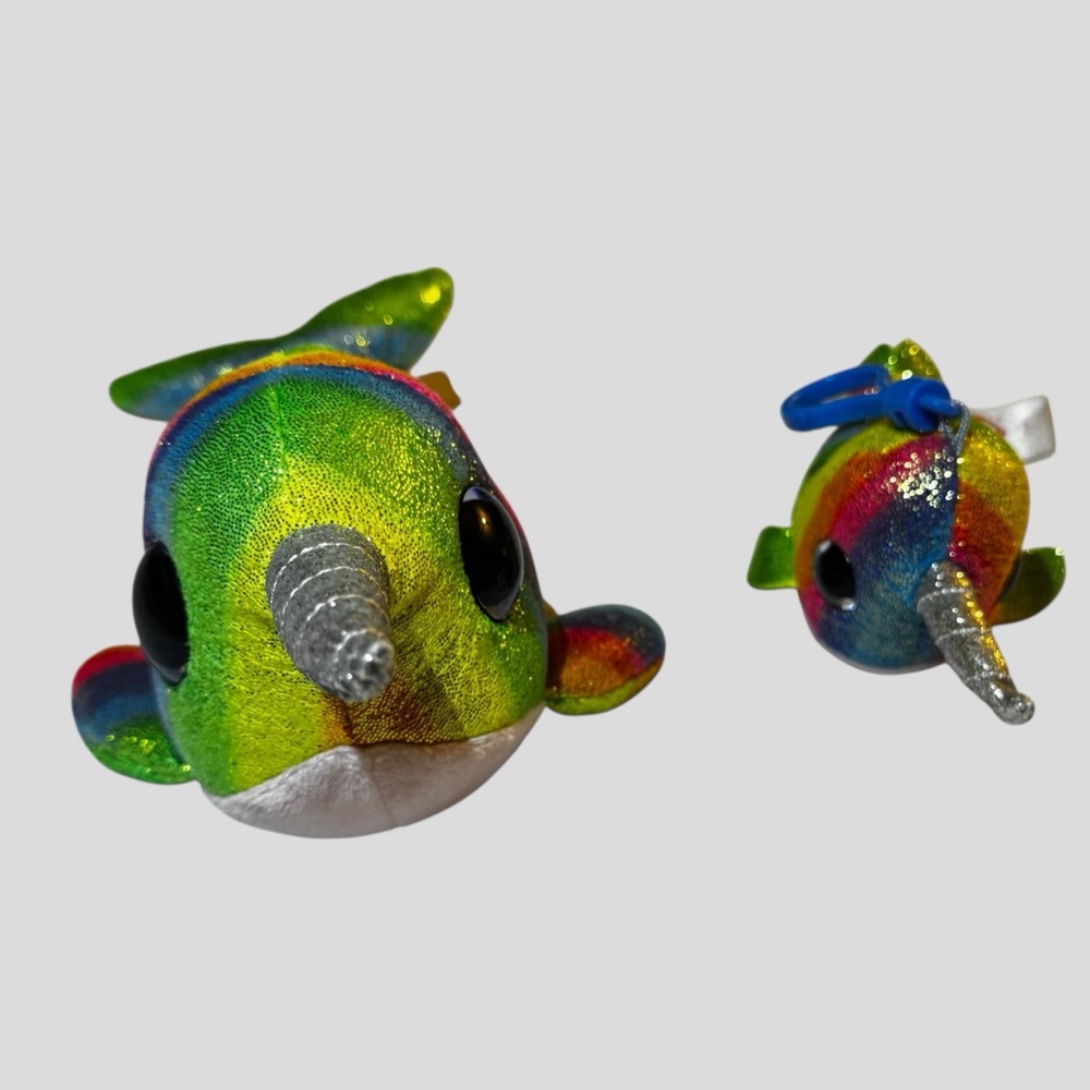 TY Beanie Boos 2018 Two Nori Glitter Rainbow Narwhal Plush Set 6” & 9” Long